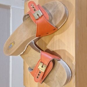 Vtg Dr Scholls original wood coral orange Leather Strap Sz 7